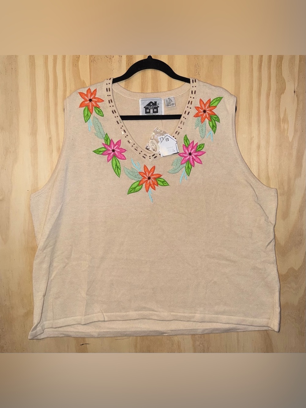 NWT Storybook Knits 3X Sweater Vest Top Shirt Tan Floral Embroidered